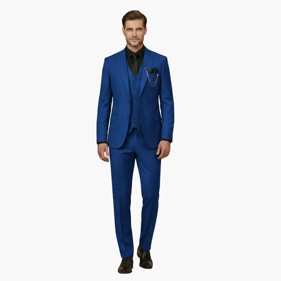 Men's three-piece suit by Wilfred Smith in royal blue with notch lapel and vest, slim-fit