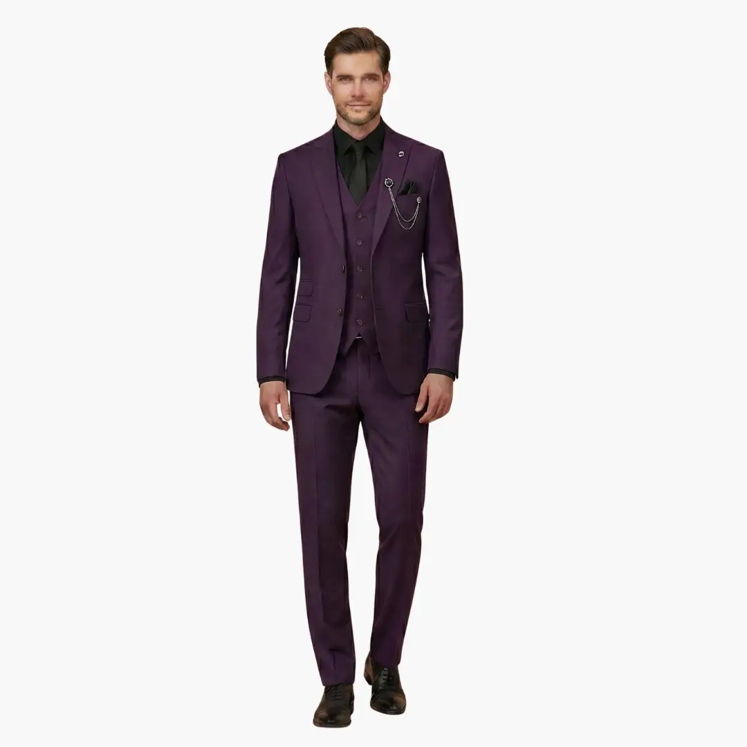 Men's three-piece Wilfred Smith suit in deep purple with vest and notch lapel.