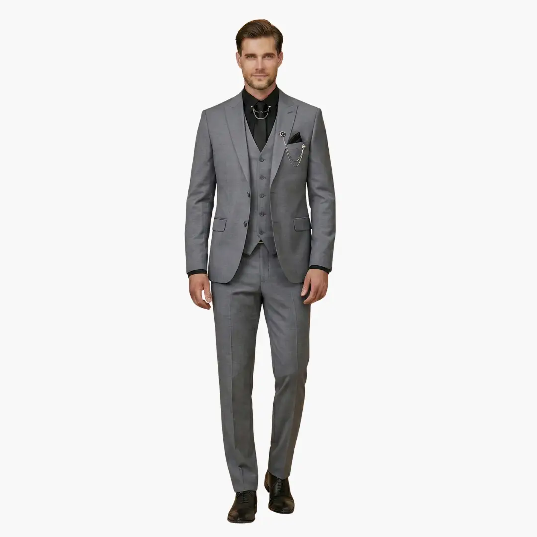 Men's three-piece suit in gray with notch lapel and vest, slim-fit.