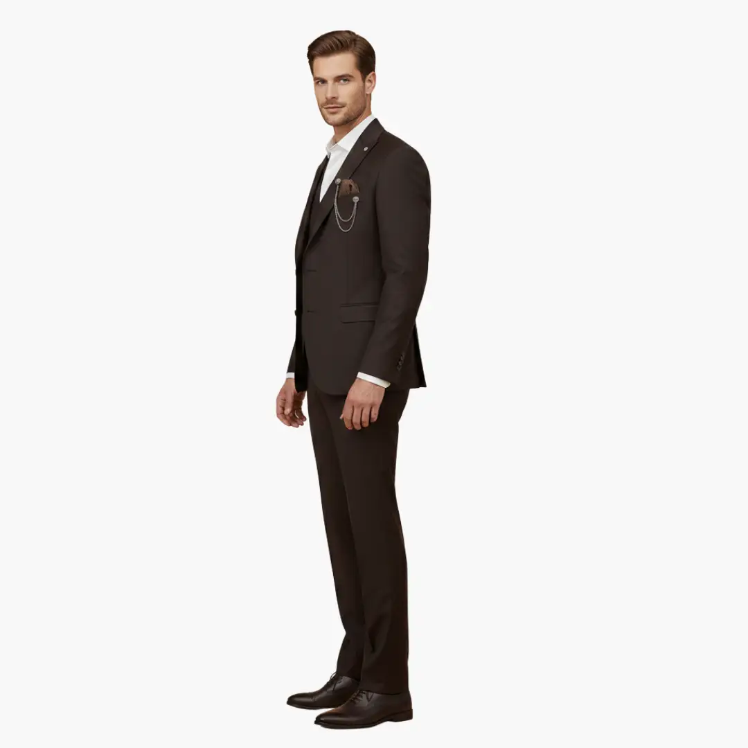 Men's three-piece suit with vest in dark brown, slim-fit with notch lapel.