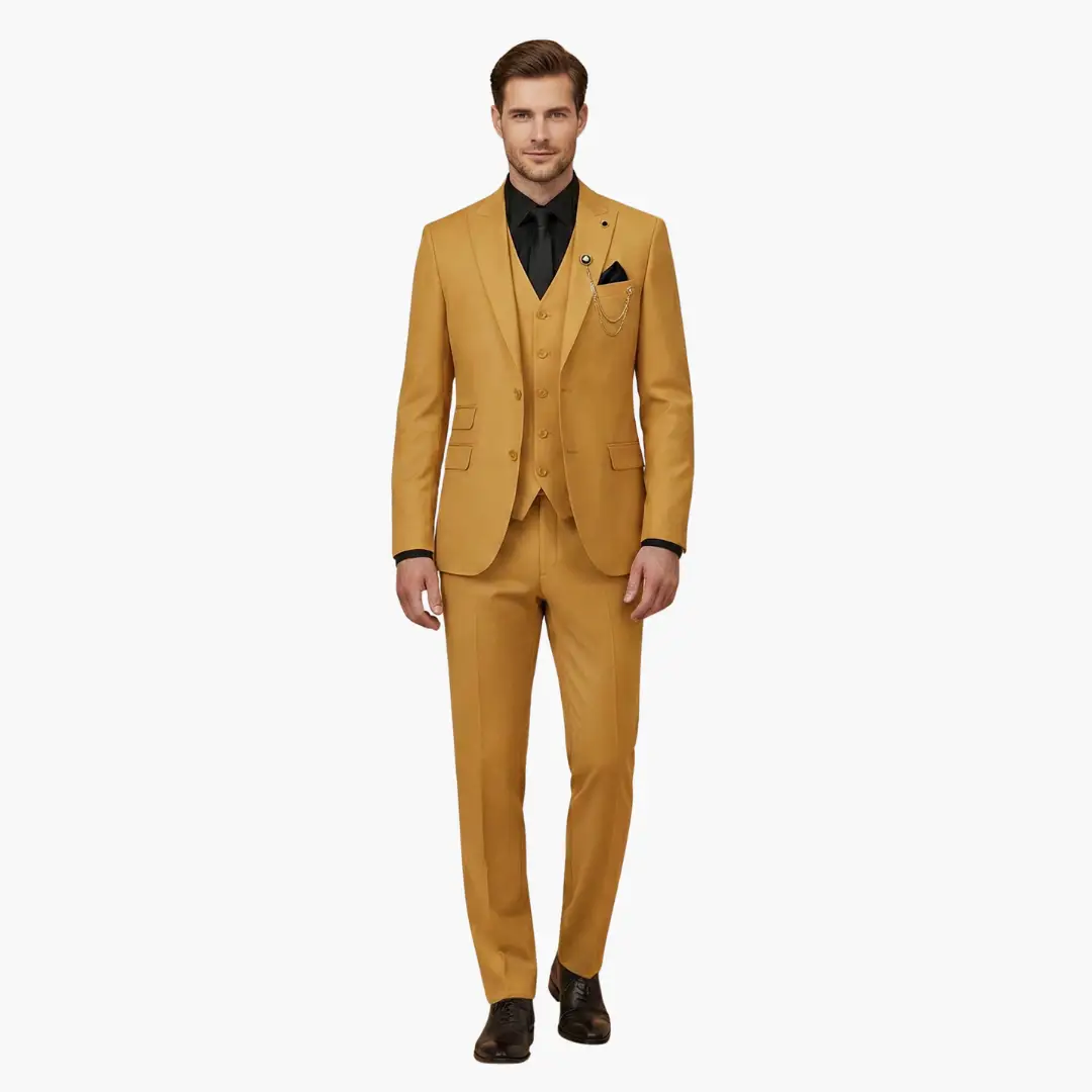 Men's three-piece mustard-yellow suit with notch lapel, waistcoat, and slim-fit trousers.