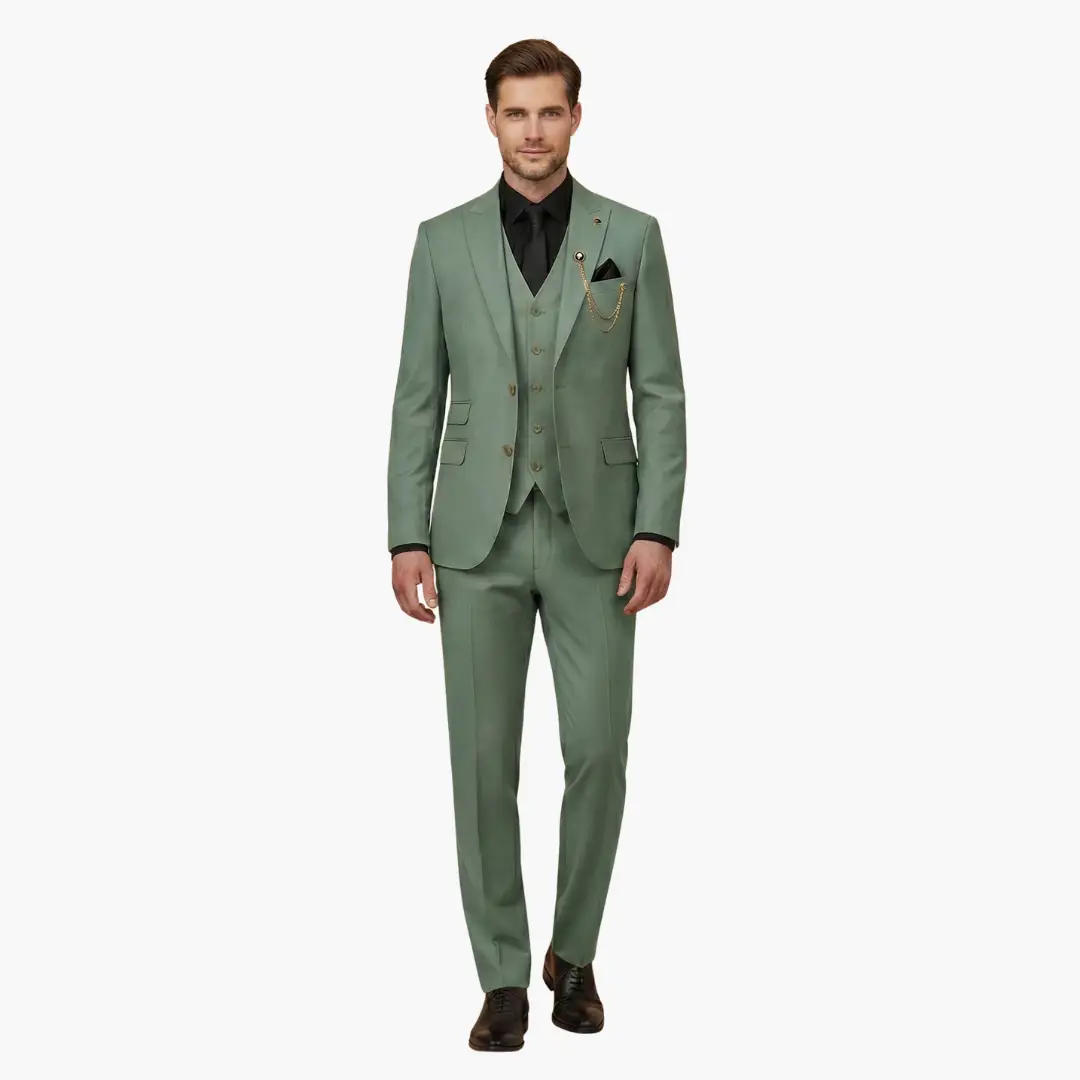 Men's three-piece suit with notch lapel and vest in sage green