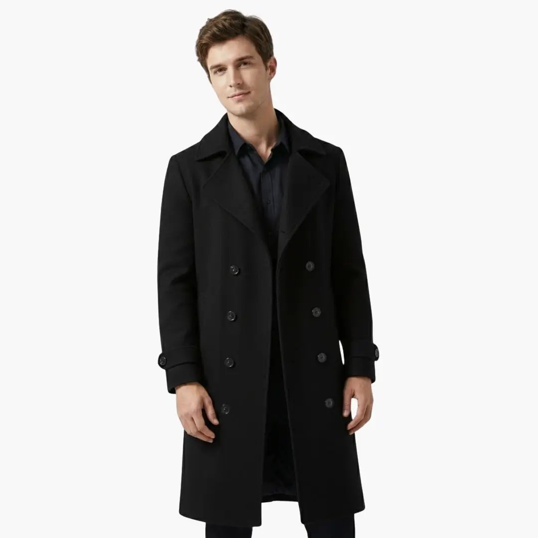 Men’s Trench Coat by Wilfred Smith, black long double-breasted trench with double row buttons