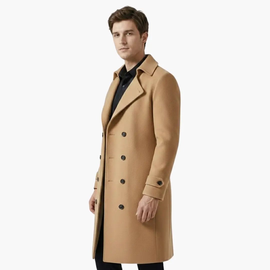 Men's trench coat in camel tan with double-breasted buttons and a long structured fit.