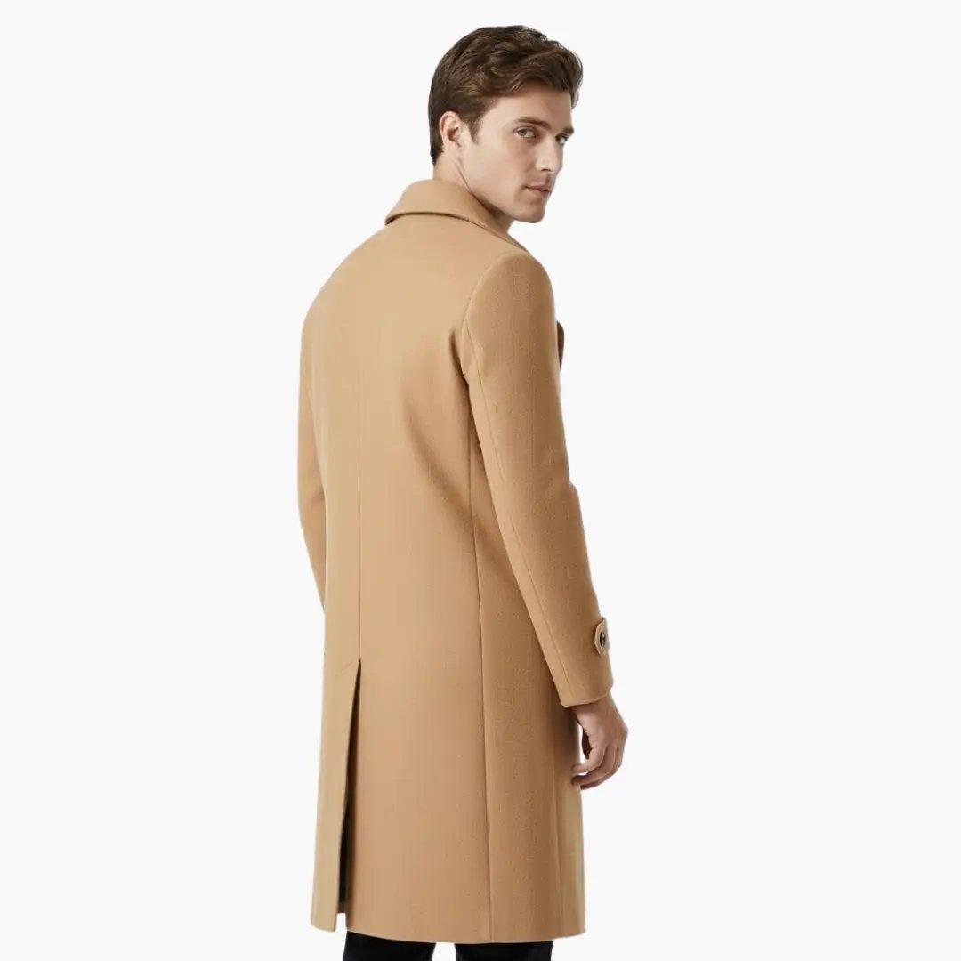Men’s Trench Coat by Wilfred Smith, camel tone, long structured fit with double-row buttons