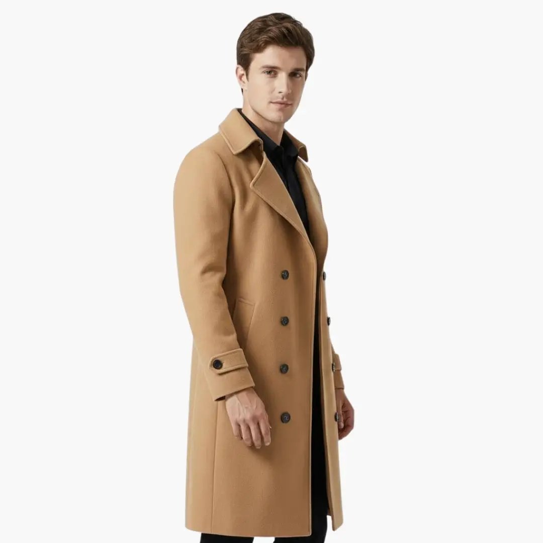 Men’s Trench Coat by Wilfred Smith in camel with double-breasted buttons, knee-length