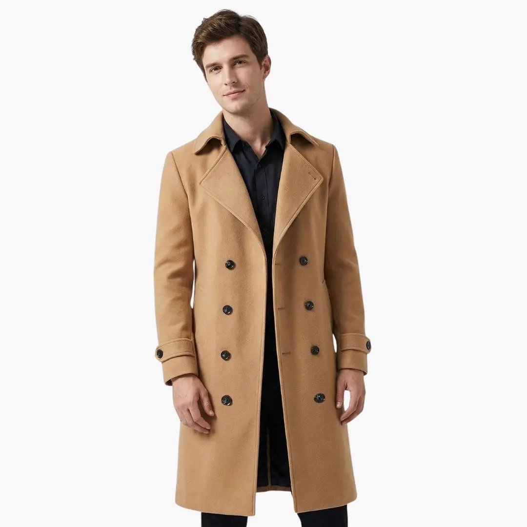 Men’s Trench Coat in camel, double-breasted with two-button rows and long structured fit.