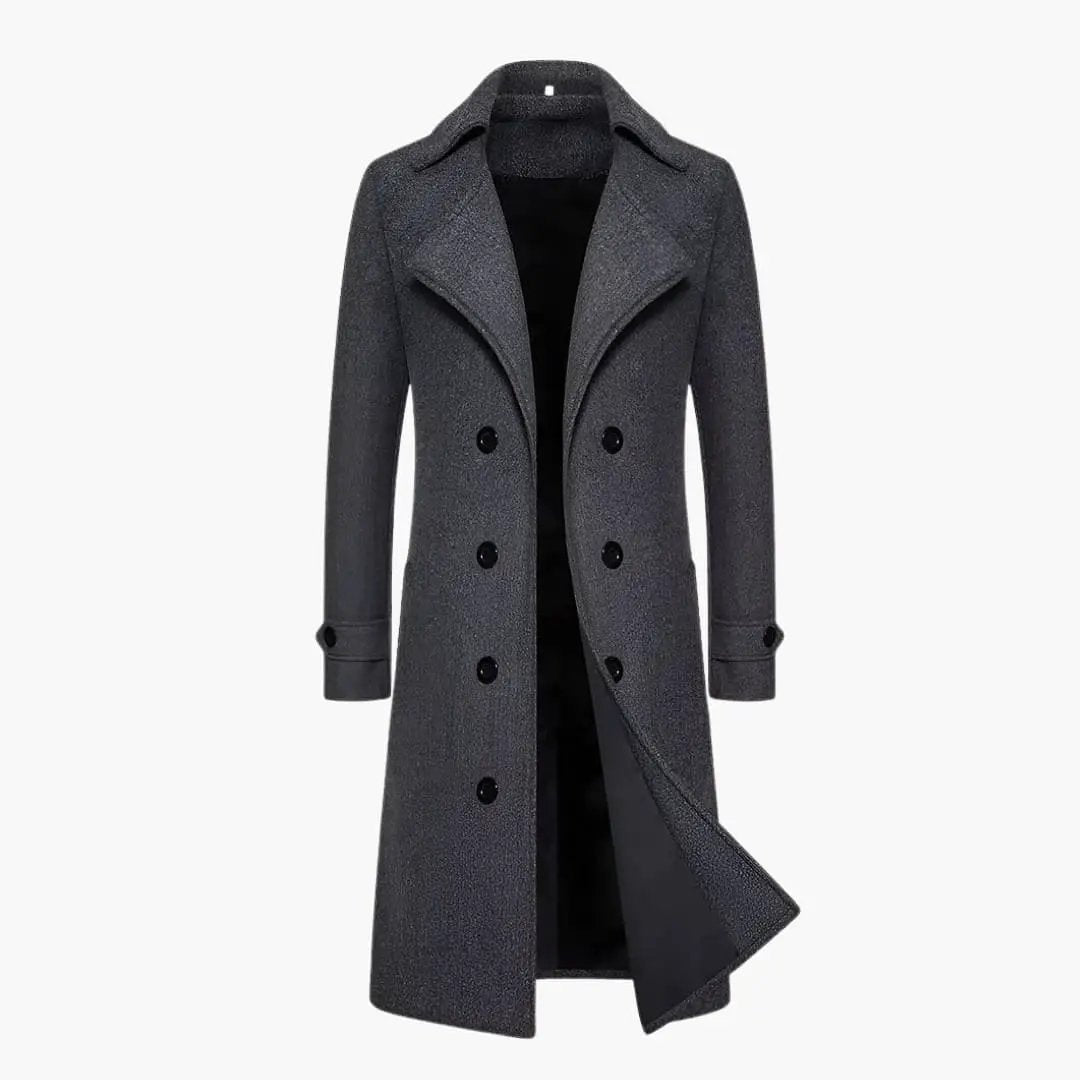 Men's Trench Coat, dark gray, double-breasted with double row buttons and a long structured fit.