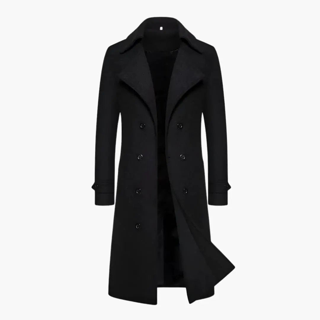 Men’s trench coat, black with double row buttons and a long structured fit