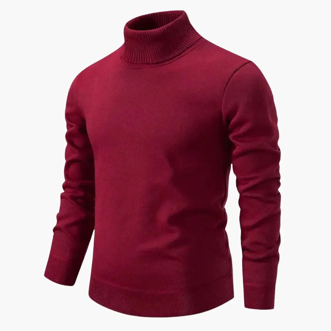 Men's turtleneck sweater by Wilfred Smith in burgundy with ribbed neck and hem