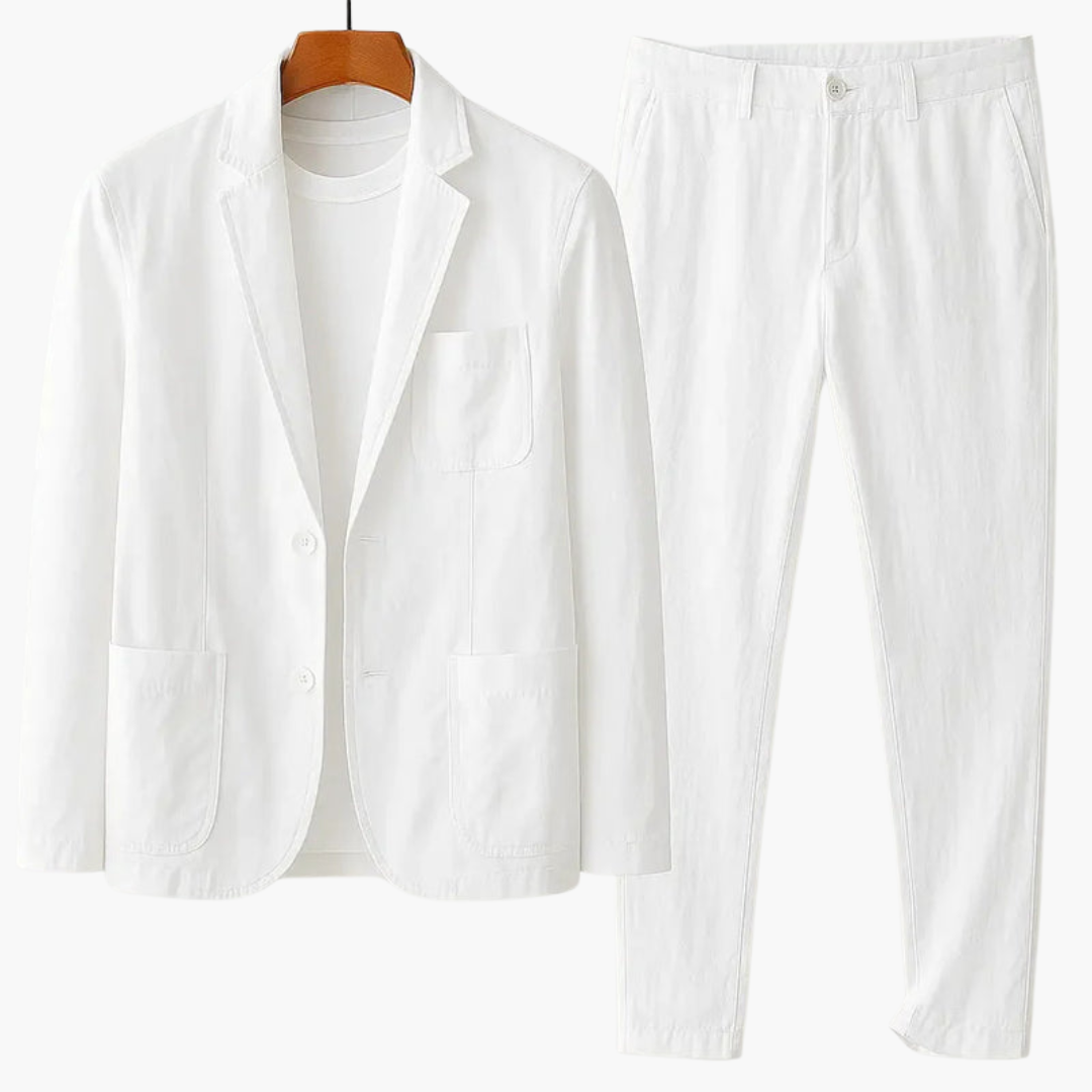 Men’s white two-piece suit with patch-pocket blazer and matching trousers