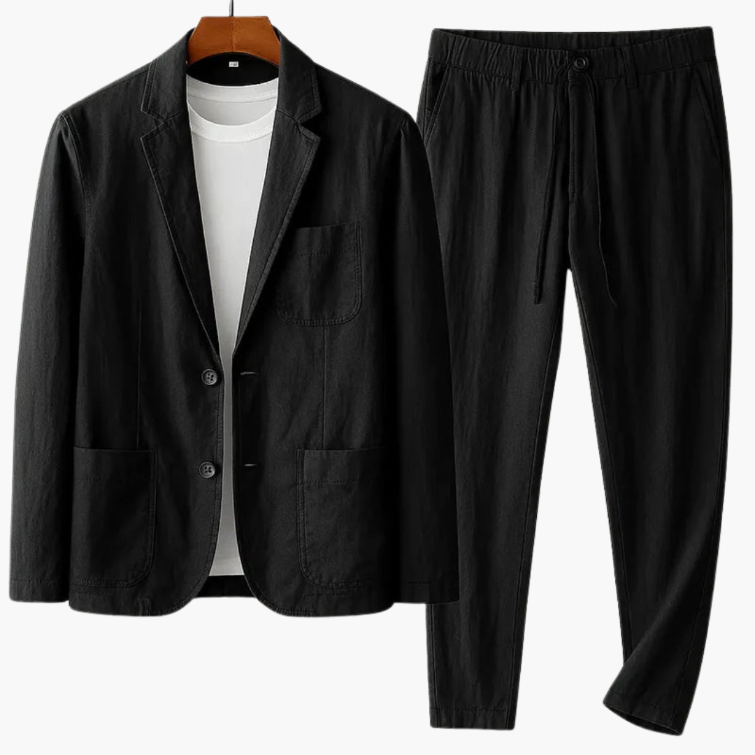 Men’s black two-piece suit with drawstring trousers and patch-pocket blazer