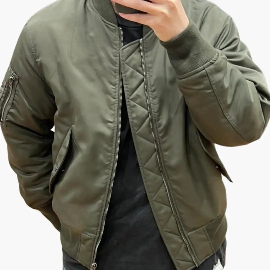 Men’s Urban Bomber Jacket by Wilfred Smith, olive green with zip front and ribbed cuffs