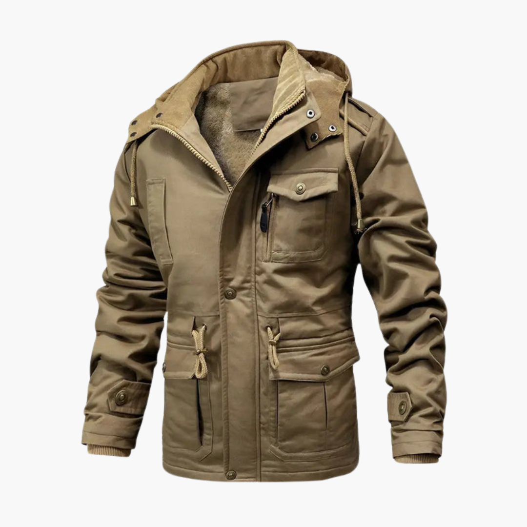 Men’s utility jacket with hood and pockets by Wilfred Smith in khaki