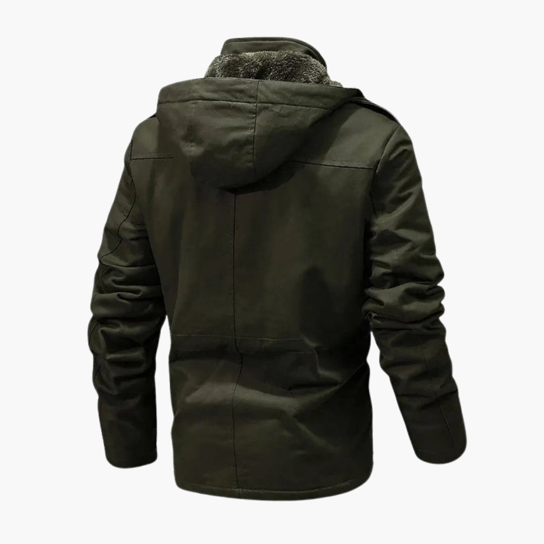 Men’s Utility Jacket with Hood and Pockets, olive green parka back view