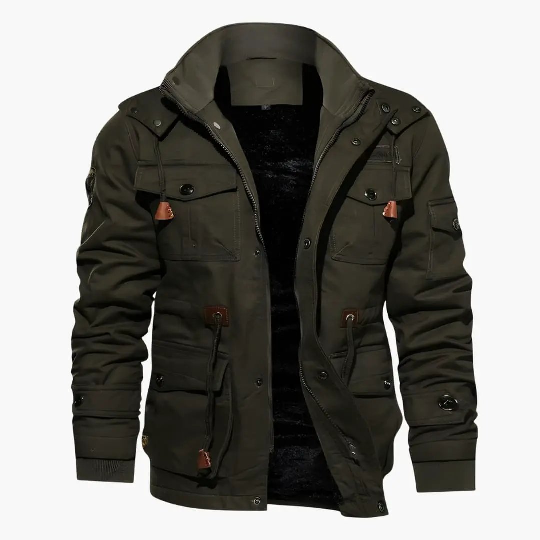 Men's utility jacket by Wilfred Smith with hood, olive green windbreaker with zipper front and multiple pockets