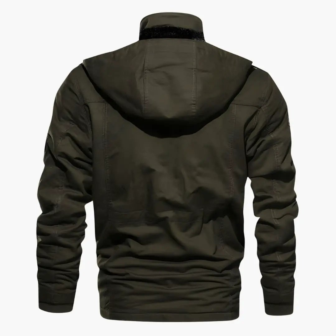 Men’s utility windbreaker jacket by Wilfred Smith with hood, olive green, back view
