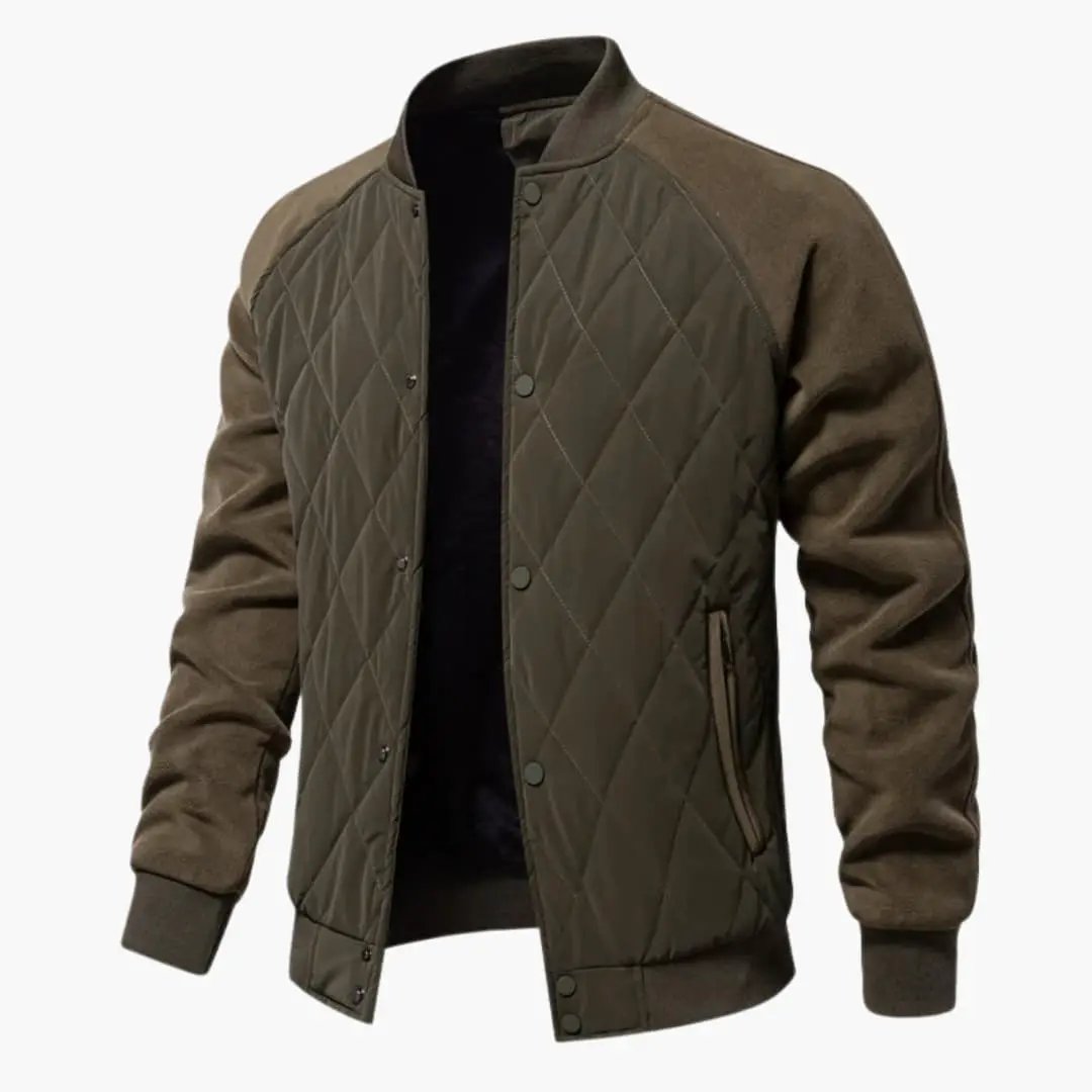 Men’s Zip-Up Bomber Jacket with Ribbed Hem, olive quilted body and brown suede sleeves
