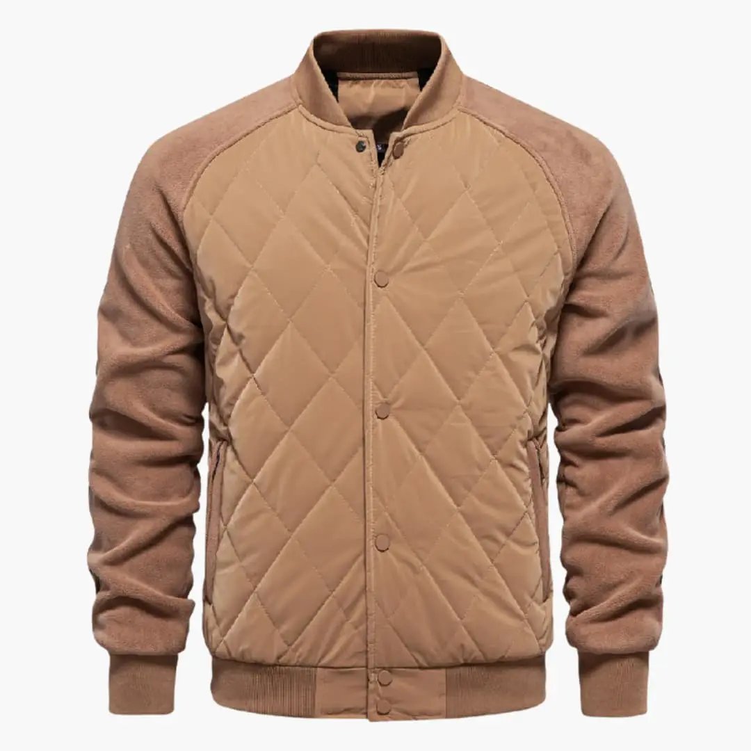 Men’s Zip-Up Bomber Jacket with Ribbed Hem by Wilfred Smith in tan; quilted front, knit sleeves.