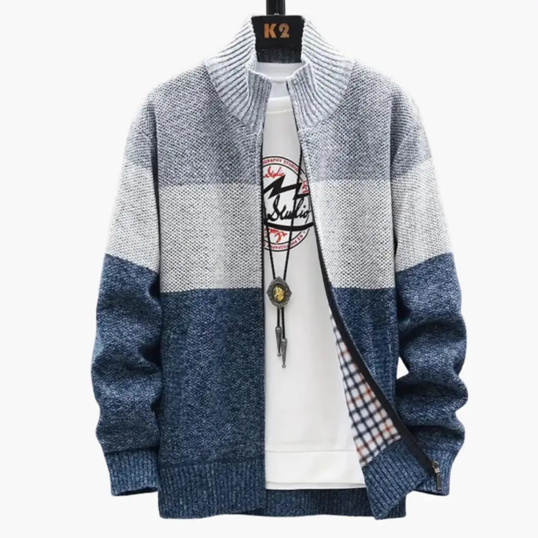 Men’s color-block full-zip cardigan with a high ribbed collar in navy and gray knit