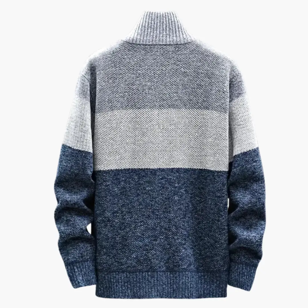 Men's color-block full-zip cardigan with a high ribbed collar in gray and navy knit