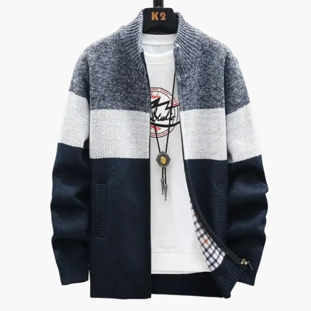Men's color-blocked full-zip cardigan in navy, white, and heather gray with a high collar.