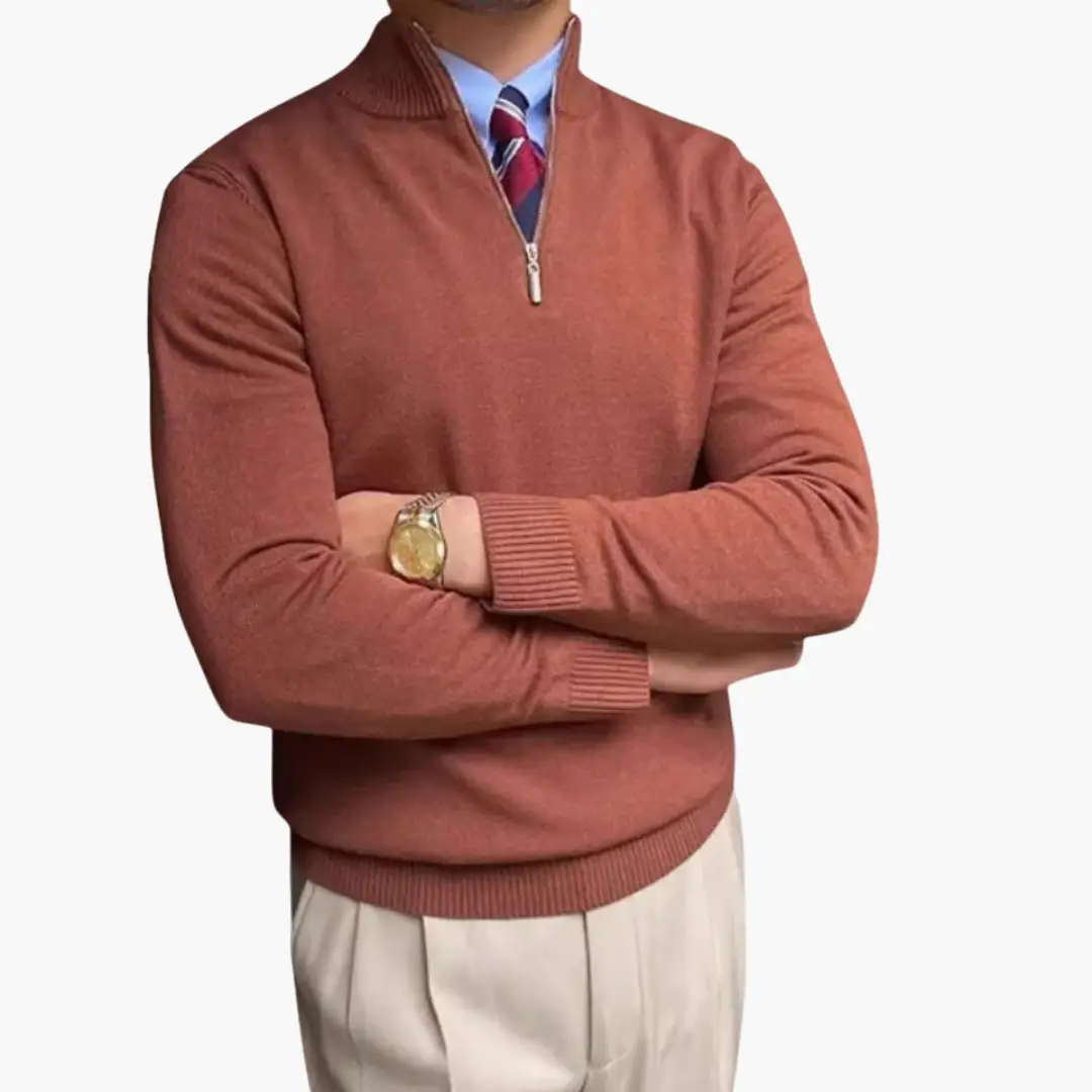 Men’s zip jumper with stand collar in rust color, ribbed hem, half-zip.