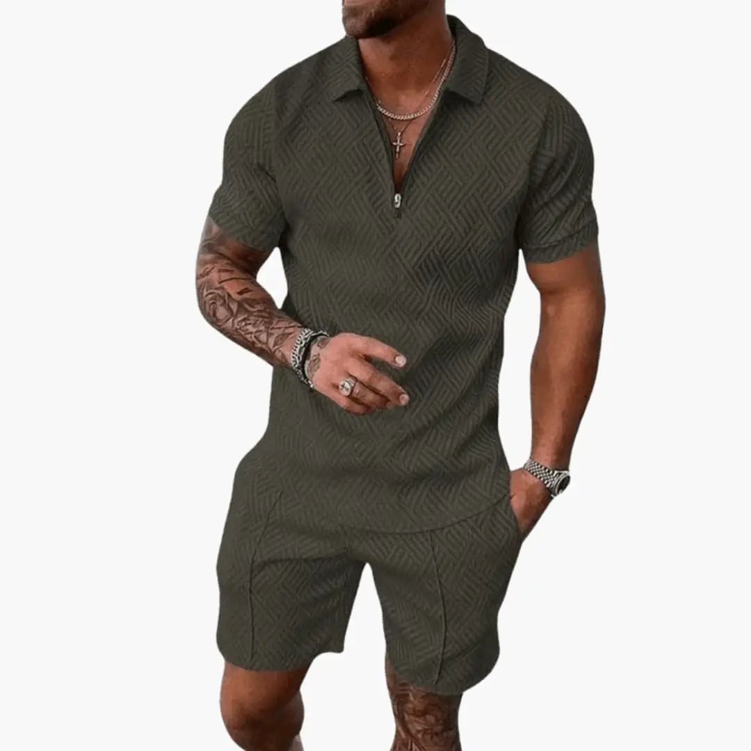 Men's Zip Polo Two-Piece Set by Wilfred Smith - olive green geometric-pattern short-sleeve polo and matching shorts