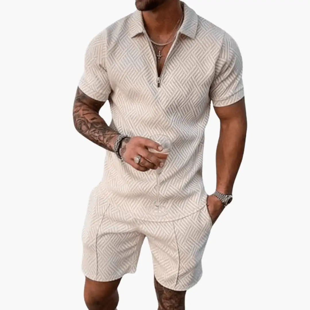 Men’s zip polo two-piece set by Wilfred Smith: beige patterned short-sleeve shirt with zip neck and matching shorts