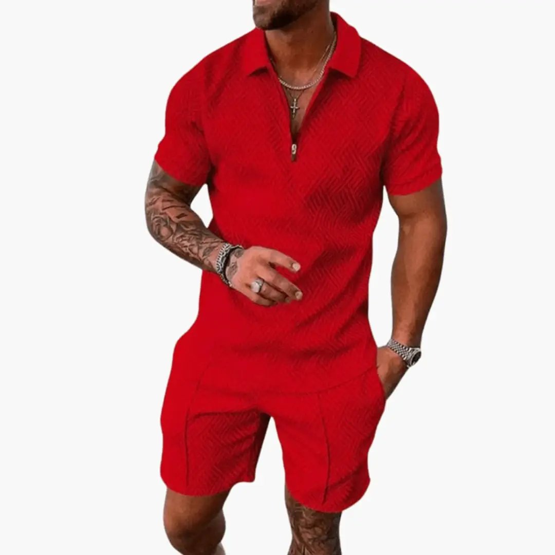 Men’s Zip Polo Two-Piece Set by Wilfred Smith in red with matching shorts