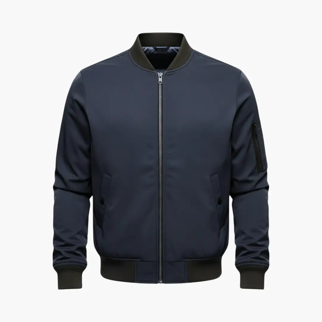 Men’s Bomber Jacket by Wilfred Smith with zip closure and ribbed hem in navy