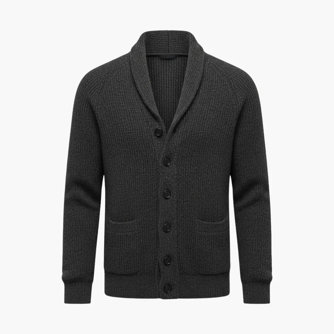 Men’s Cardigan with Shawl Collar and Button Front in dark gray knit, two front pockets by Wilfred Smith