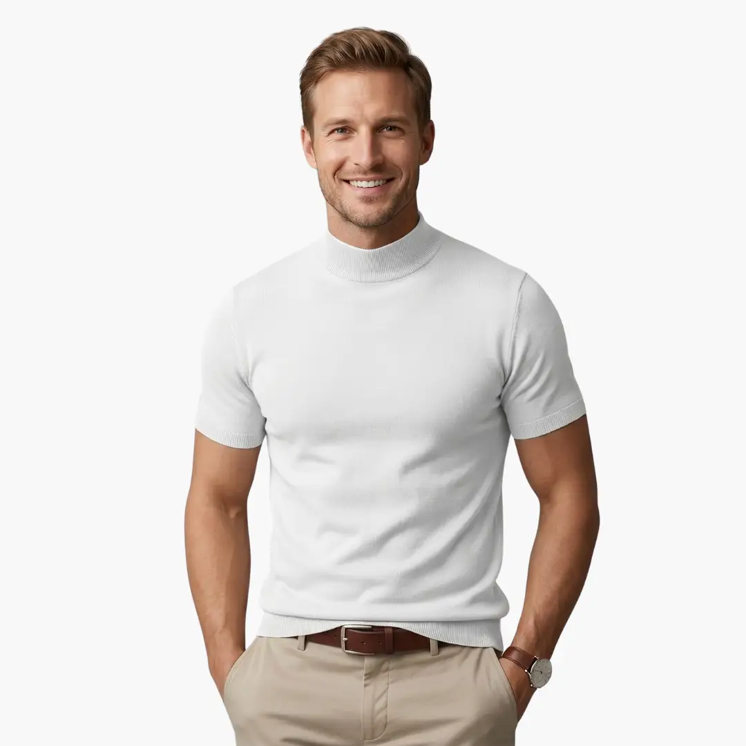 Men’s T-Shirt with Turtleneck, short sleeves, white knit top