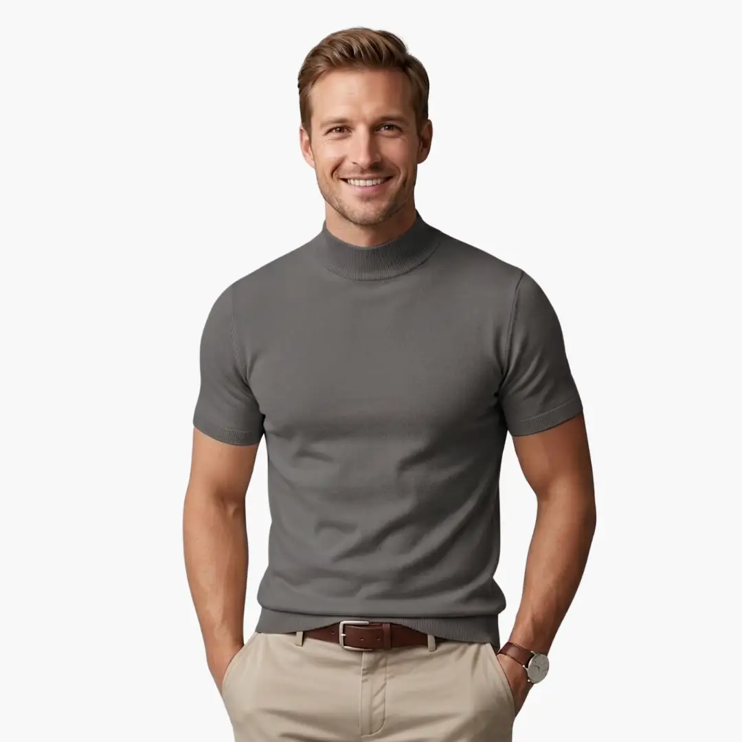 Men’s turtleneck short-sleeve T-shirt in gray knit fabric