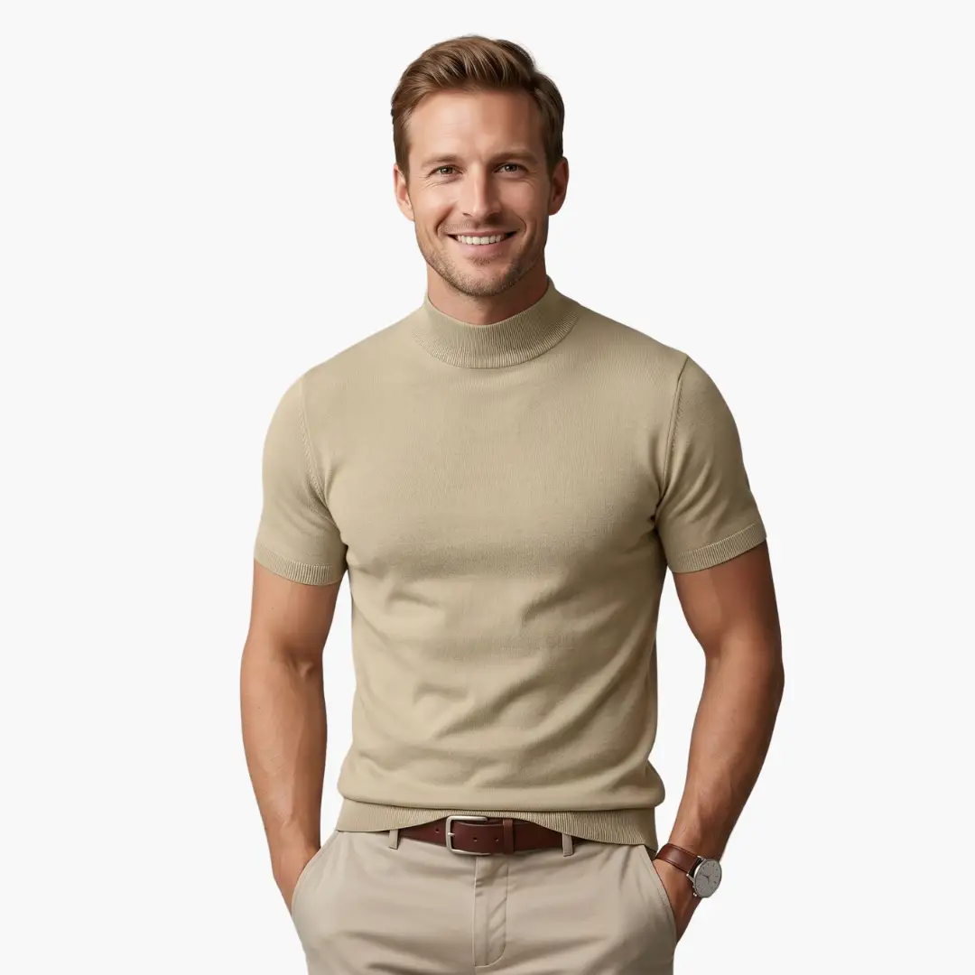 Men's tan knit turtleneck T-shirt with short sleeves by Wilfred Smith