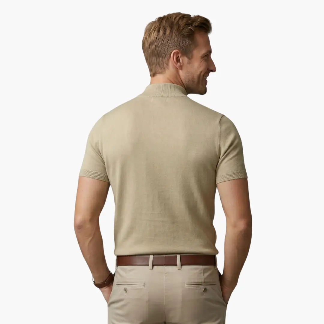 Men’s T-shirt in beige, short sleeves, back view on model
