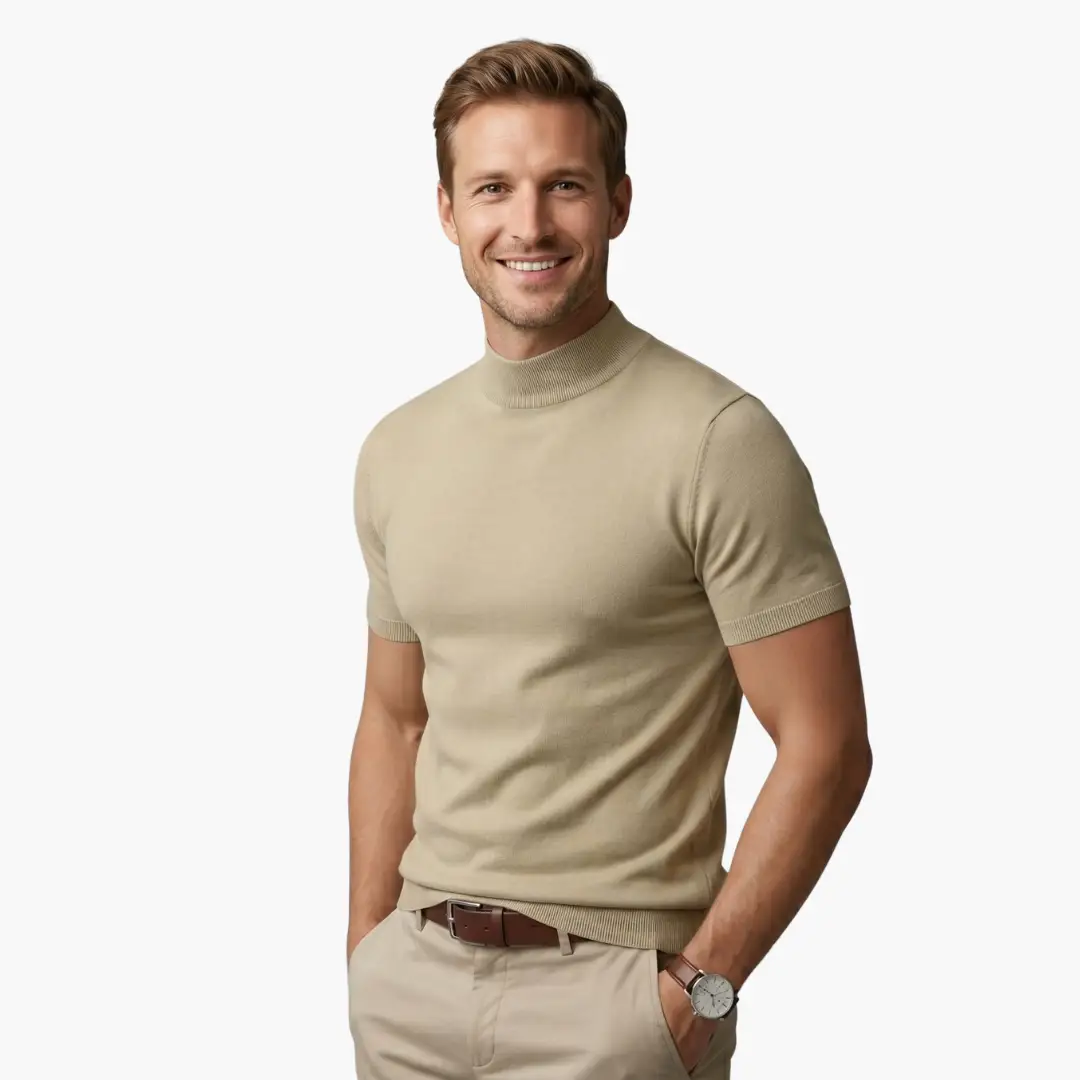 Men's beige knit turtleneck short-sleeve T-Shirt by Wilfred Smith
