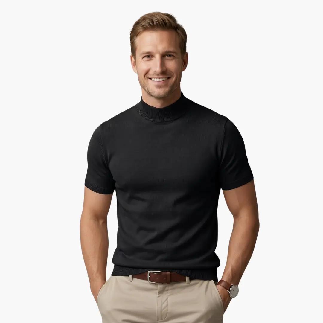Men’s T-Shirt with Turtleneck and Short Sleeves, black knit, Wilfred Smith