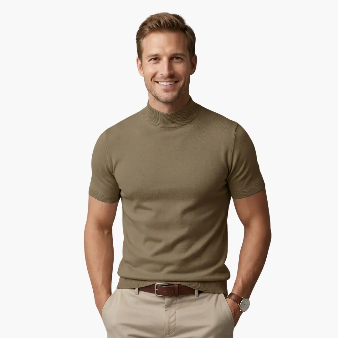 Men’s Turtleneck Short-Sleeve Knit T-Shirt in Olive