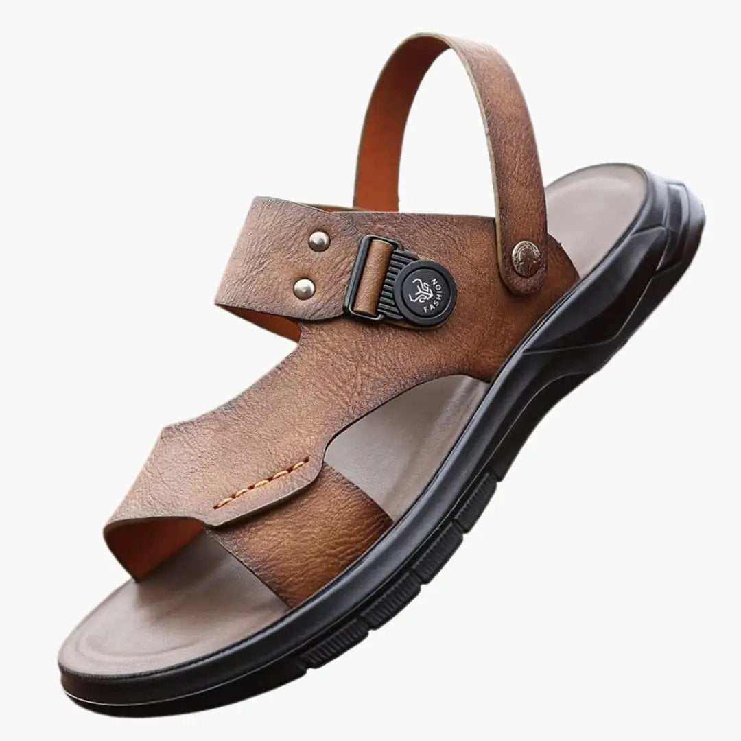 Plus-Size men's sandal by Wilfred Smith in brown leather with adjustable buckle and cushioned sole