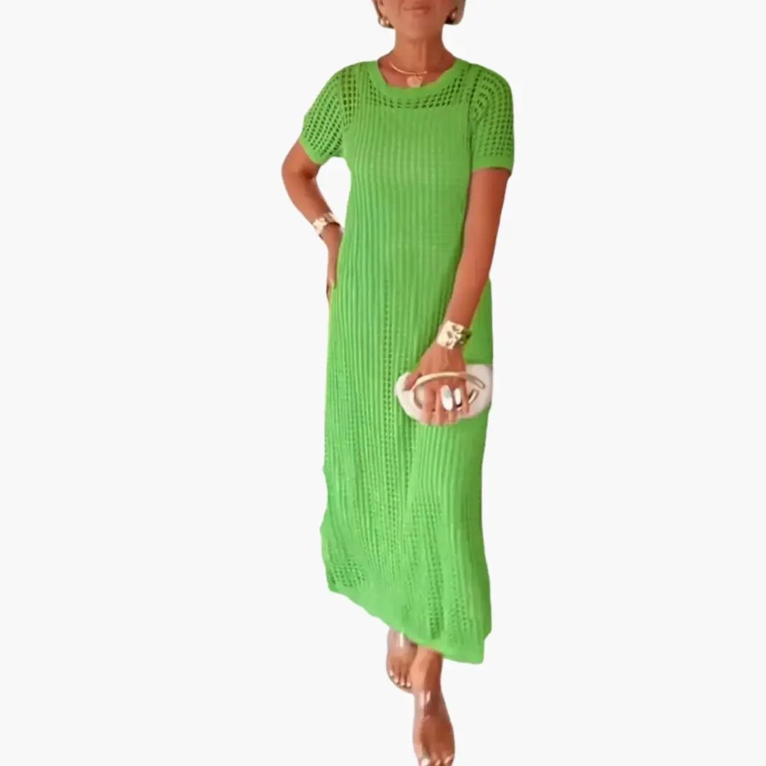 Women's bright green long knit dress with inner layer and cut-out detail