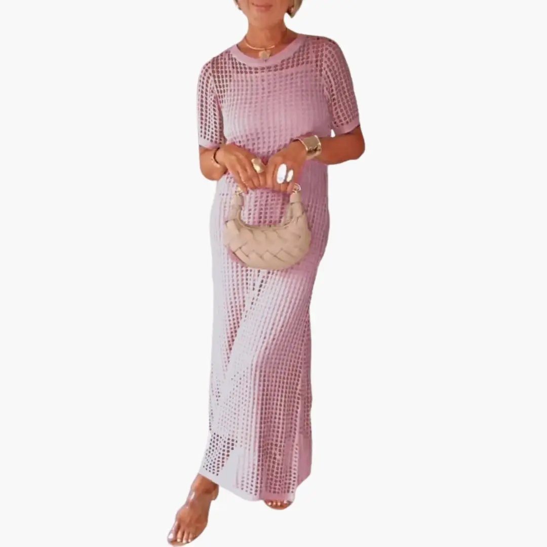 Women's long pink mesh dress with cut-out pattern and inner layer, ankle-length