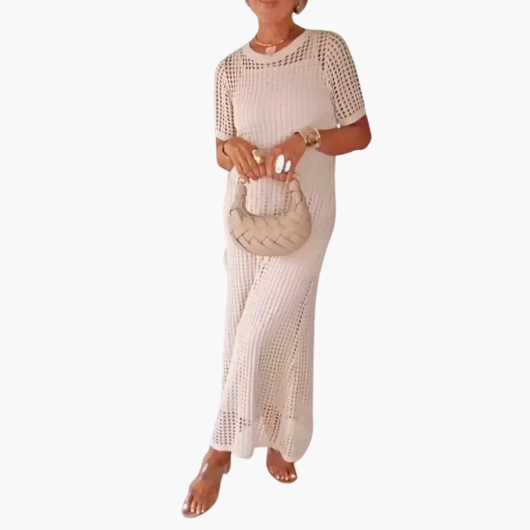 Women's cream crochet-knit maxi dress with short sleeves and inner lining