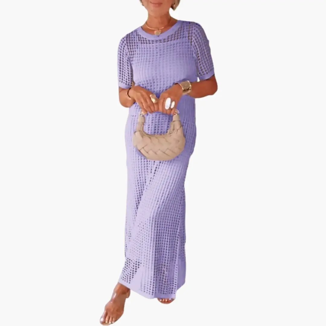Women's long lavender knit dress with cut-out mesh pattern and inner lining, floor-length