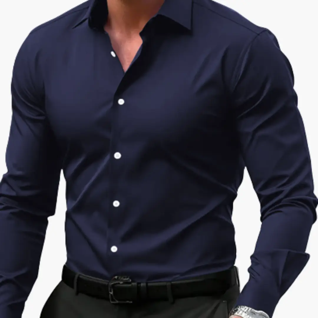 Slim-Fit Shirt for Men in navy blue with white buttons, long-sleeve.