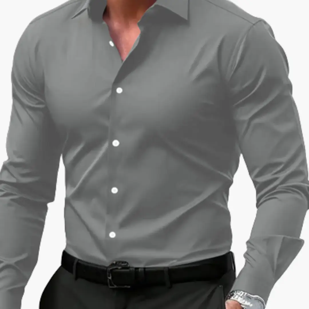 Slim-Fit Shirt for Men, grey dress shirt with white buttons