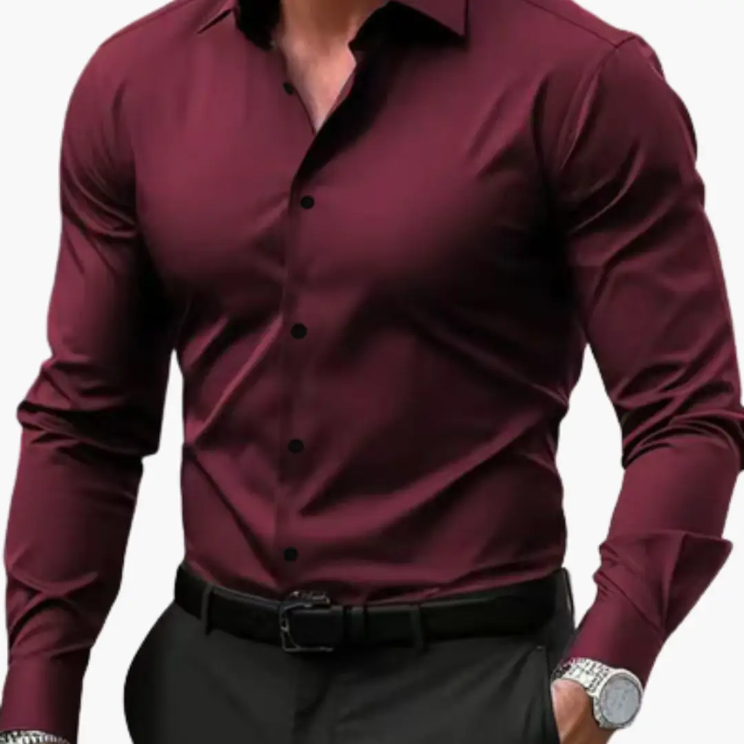 Slim-Fit shirt for men, solid burgundy long-sleeve dress shirt.