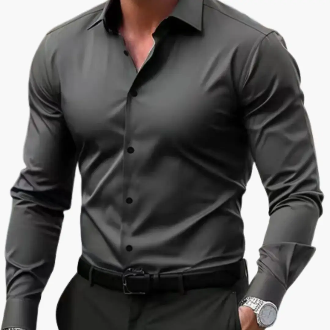 Slim-Fit shirt for men in charcoal gray with long sleeves and button-down front.