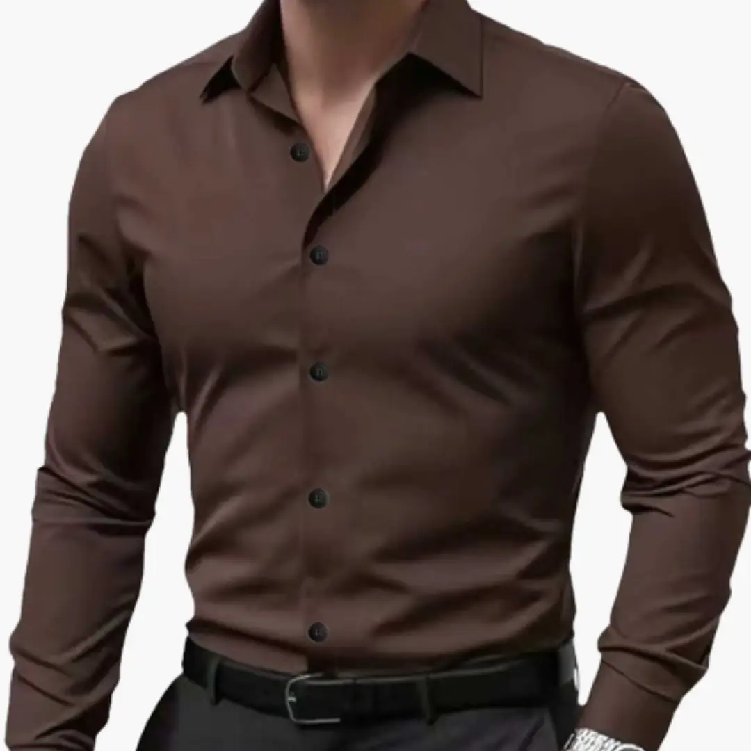 Slim-Fit Shirt for Men by Wilfred Smith in dark brown, long-sleeve with button front