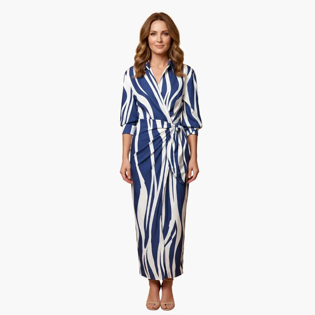 Striped shirt dress, women's cotton wrap maxi with belted waist in navy and white